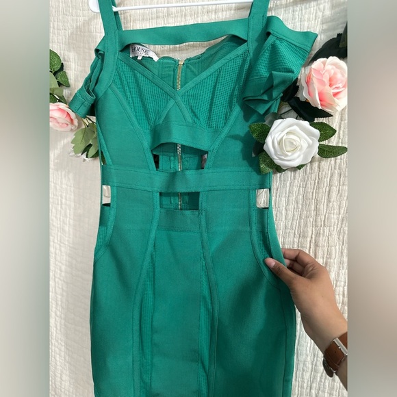 House of CB CALTINA' TEAL BANDAGE AND MESH DRESS WITH BARDOT NECKLINE - Picture 6 of 10